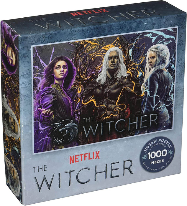 The Witcher 1000 Piece Jigsaw puzzle, box featruing the art with Yennefer, Geralt, and Ciri.