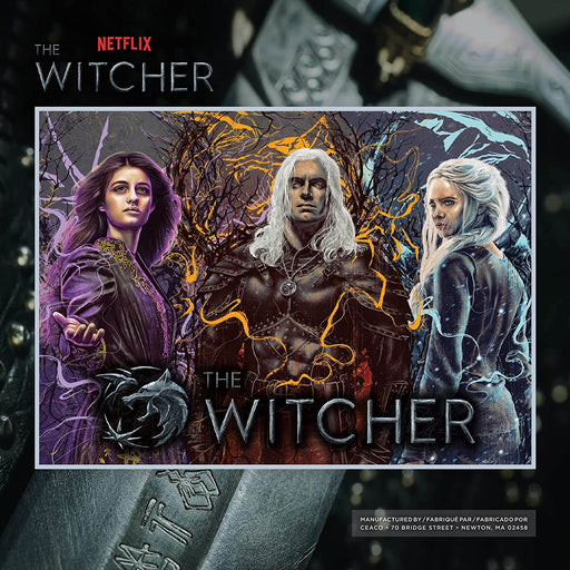 Image for The Witcher puzzle featuring Yennefer outlined in purple magic, Geralt in gold, and Ciri in silver blue. Each gaze off into the distance. On the bottom is the Witcher logo with wolf emblem.