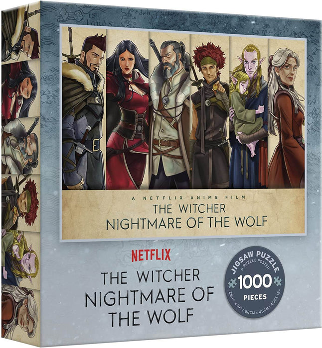 The Witcher Nightmare of the Wolf jigsaw puzzle with 1000 pieces, from box art showing the design with Vesemir and the other characters