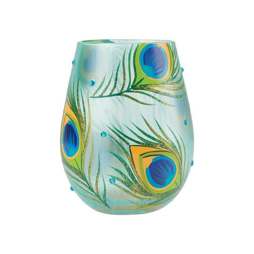 Stemless wineglass with peacock feathers wrapping around it and blue gems