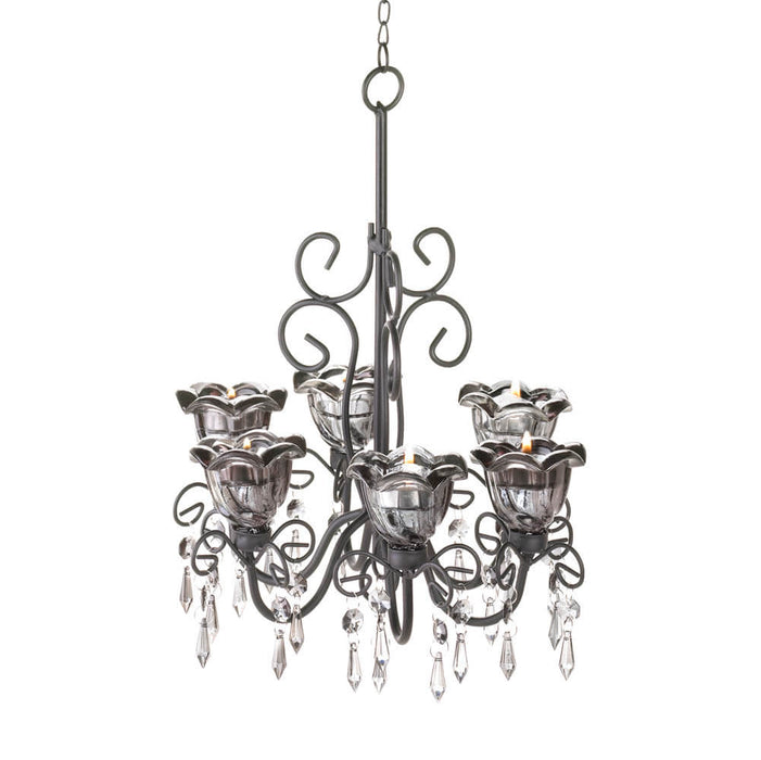 Black metal and glass flower tealight chandelier with crystals. Hangs from chain.