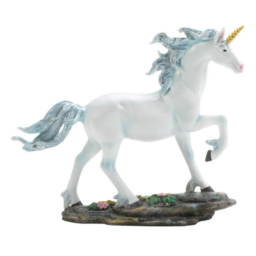 White unicorn figurine with silver-blue hair, gold horn, and flowers on the rocky base