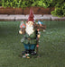 Gnome holding flower topped birdhouse and a welcome sign, upon which sits a bluebird. Shown in a yard on the lawn