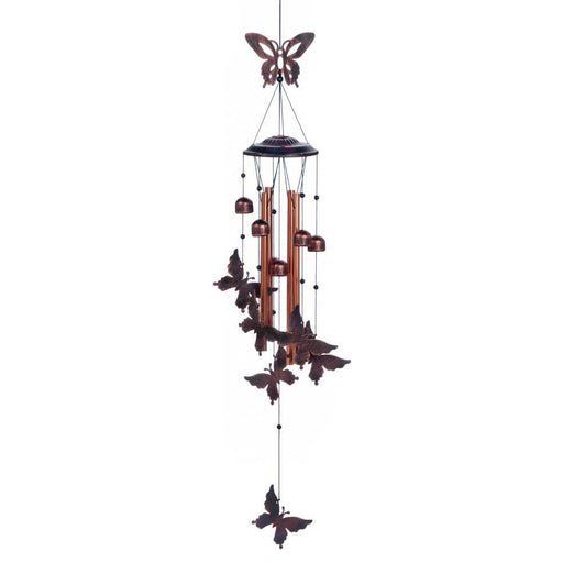 Butterfly windchime featuring a metal butterfly cutout at the top and more 'fluttering' below along with the iron chimes