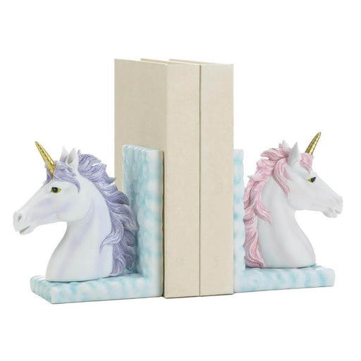 A pair of unicorn bookends, one purple maned and one with pink hair. Both have golden horns and cloud bases