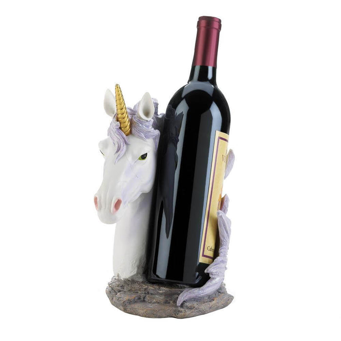 Unicorn bust wine bottle holder with purple glittery mane and golden horn