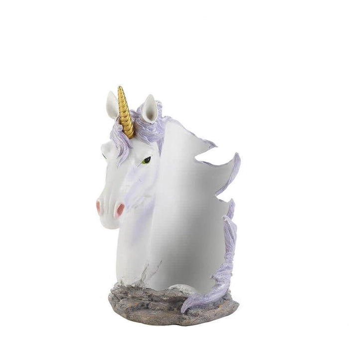 Empty view of unicorn wine bottle holder showing sculpted mane where the bottle will rest