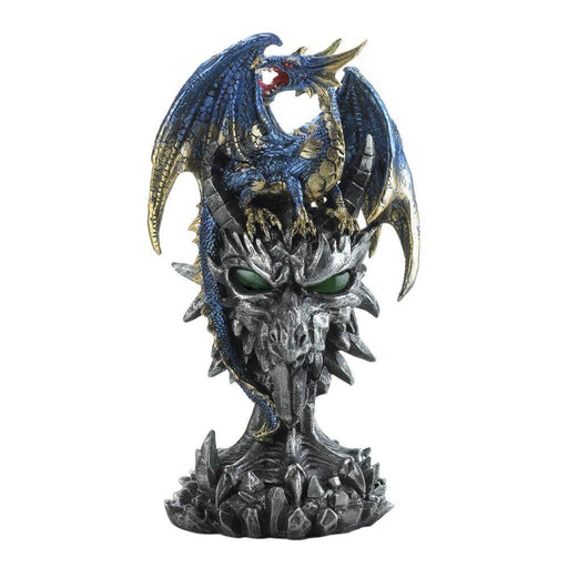 Blue and gold dragon perched on a rocky gray dragon head with light-up eyes