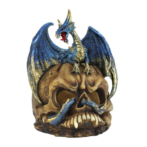 Blue dragon with gold accents and mouth open in a roar sits atop a skull