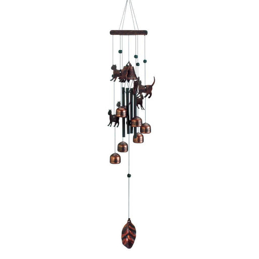 Bronze cats wind chimes with a leaf hanging from the bottom