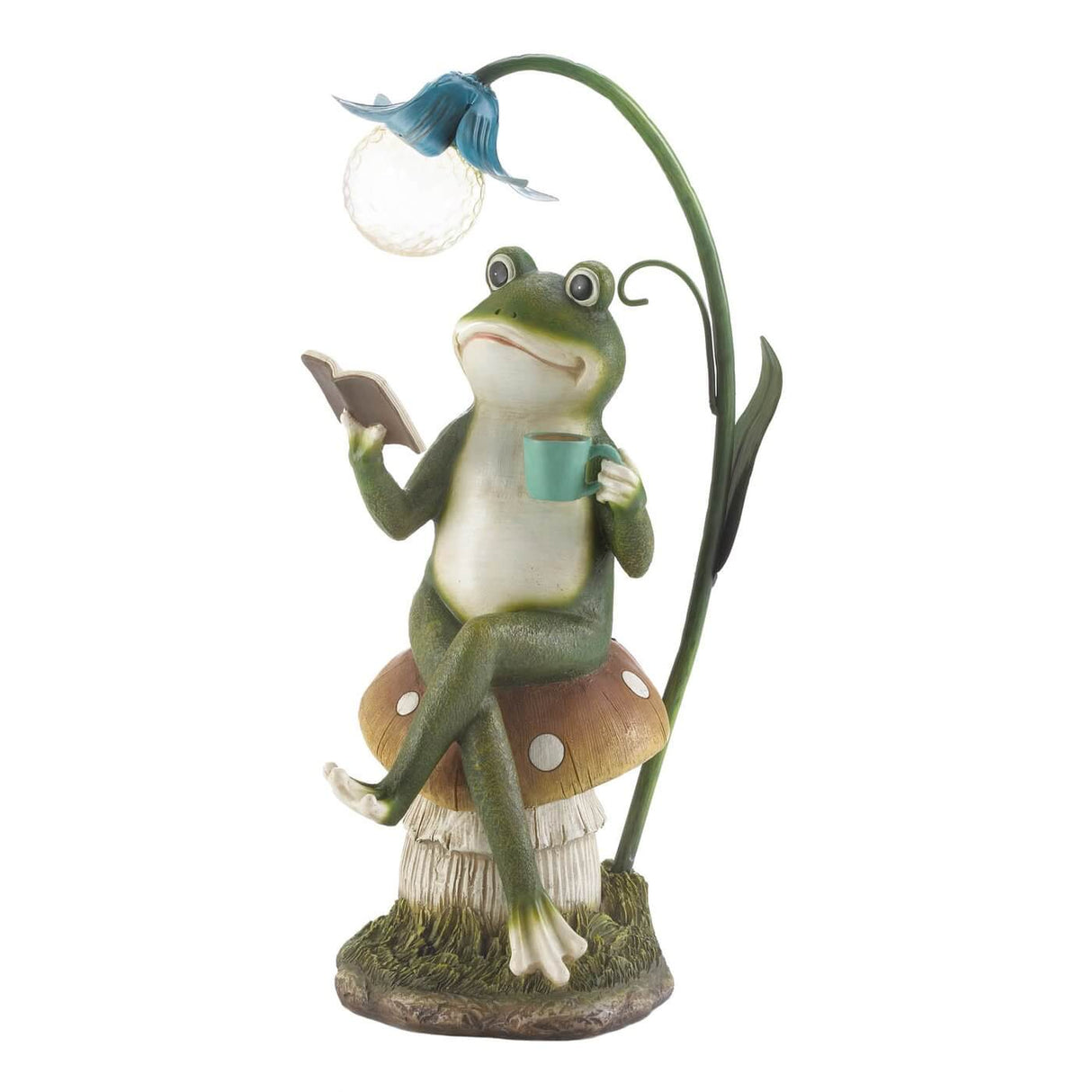 Frog with a cup of tea and a book, sitting on a mushroom. A flower light (solar powered) is above him