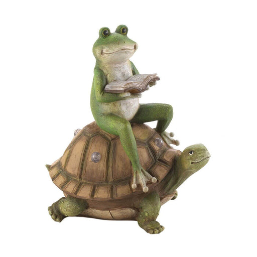 A frog reading a book sits upon his turtle friend