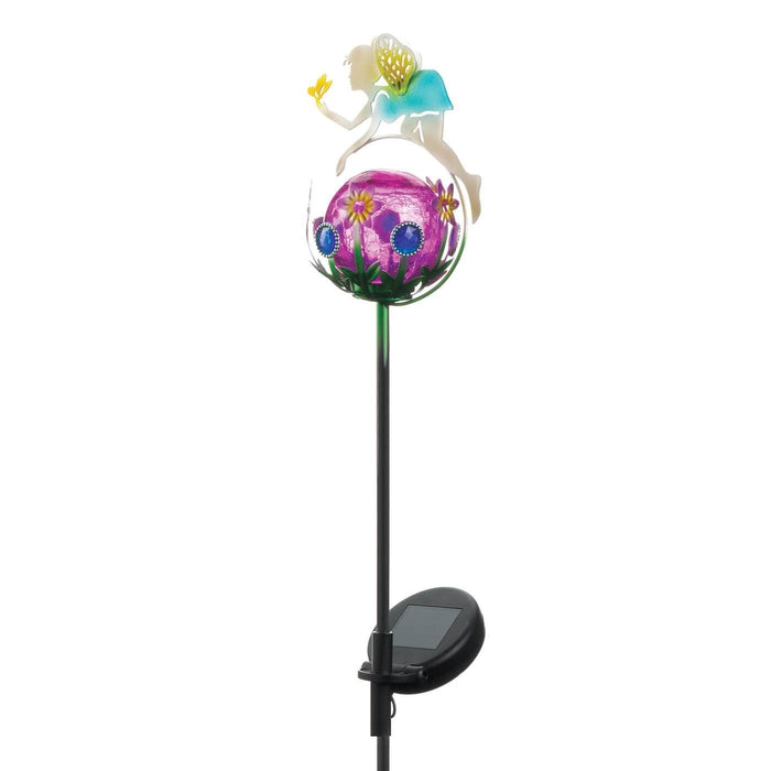 Solar powered garden stake featuring a fairy hovering above a pink glass orb accented in flowers. The orb lights up at night!