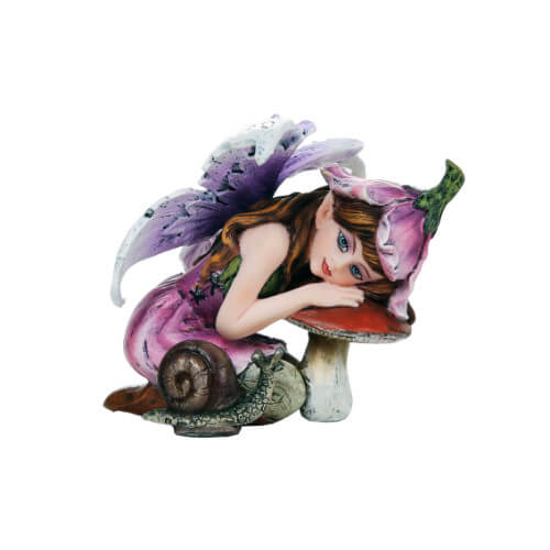 Fairy in pink dress and hat with brown hair and purple white wings leans on a red mushroom. A garden snail sits next to her