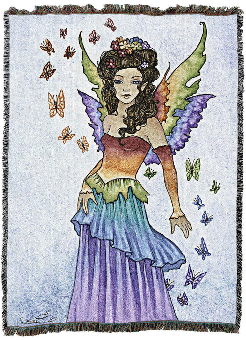 Tapestry blanket featuring a brunette fairy in a rainbow dress with matching flowers in her hair, and butterflies in every color
