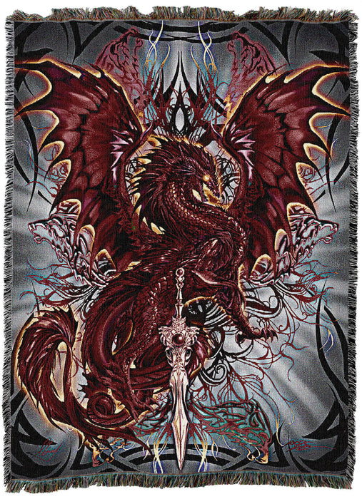Tapestry Blanket showing a blood red dragon with a gleaming sword. Art by Ruth Thompson