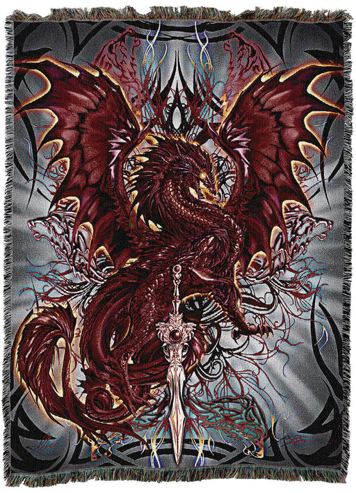 Tapestry Blanket showing a blood red dragon with a gleaming sword. Art by Ruth Thompson