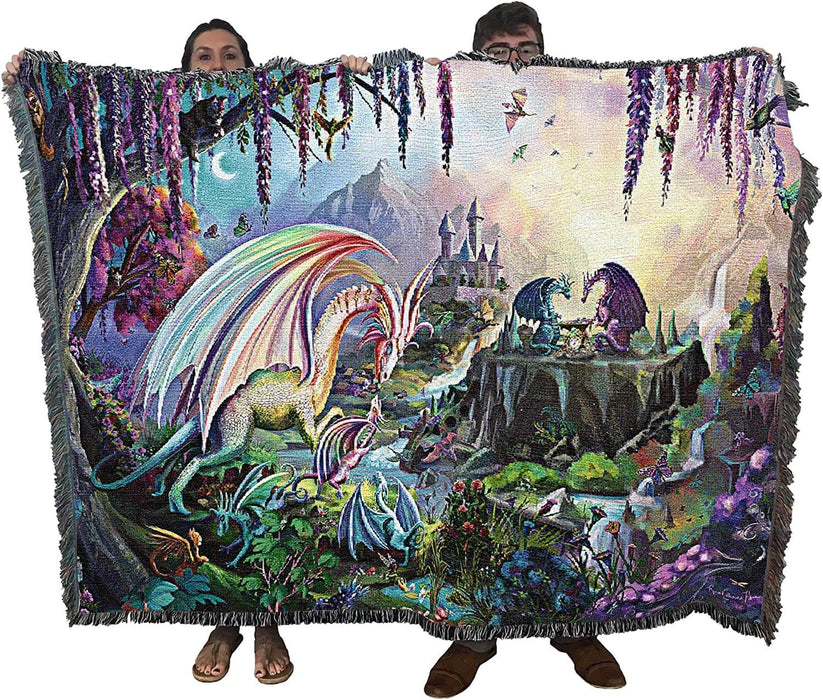 Dragon Valley tapestry blanket held up by two adults to show large size