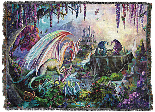 Rose Khan artwork on a tapestry, showing a variety of colorful dragons frolicking in a magical floral valley with a castle.