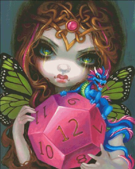 Fairy with green butterfly wings, with blue, pink and green dragon on a bright pink d12 dice