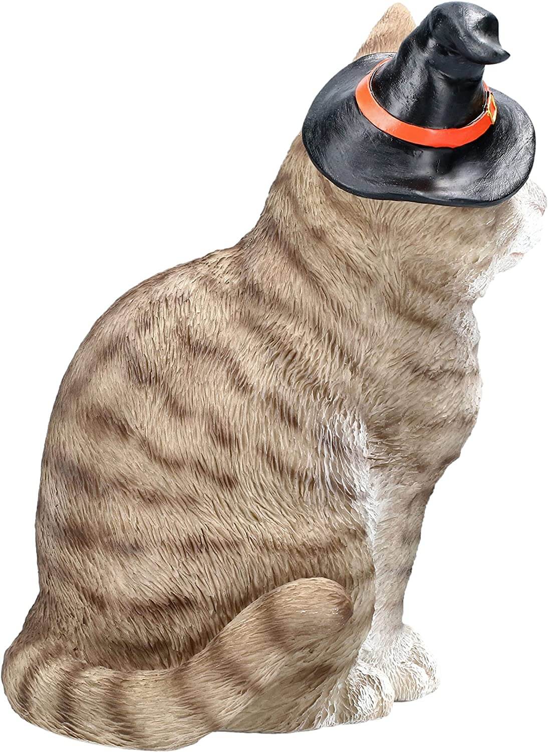 Grey tabby cat wearing a witch hat. Side view