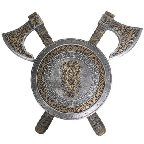 Viking wall shield with Celtic knotwork designs and two axes