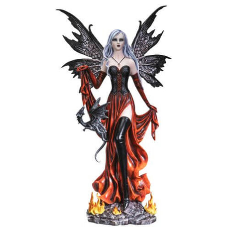 Figurine showing a fairy in a black and red dress. There are fires at her feet and a small black dragon at her hip. She has ornately patterned wings.