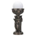 Lamp featuring the Triple Goddess - Maiden, Mother and Crone stand around a column supporting the glowing white orb light.