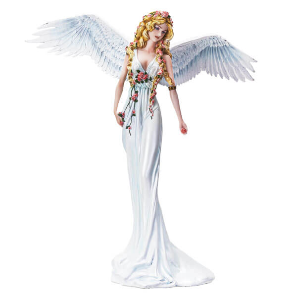 Angel figurine. She has blond hair and a white dress and both are decorated with pink flowers. White wings spread out behind her