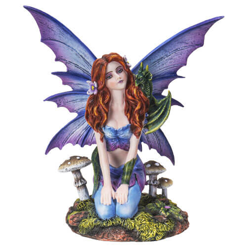 The pixie lady perches on a spot of moss, her purple butterfly wings open behind her and hands on her legs. A emerald green dragon sits on her shoulder, hiding behind the fairy's auburn hair, and mushrooms grow to either side. 