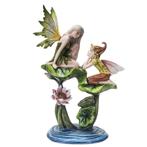 This figurine has a fairy sitting with an elf. The fairy sits on a higher leaf, looking down at the elf, and both of the leaves and a flower are above a pond of blue water that forms the base. The fairy has a green leaf dress with green and yellow wings, and pale white hair. The elf has a yellow shirt and orange-tan pants, a flower bud had, and pink wings. 