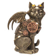 Steampunk cat with bronze cogs and gears and a pair of mechanical wings. Goggles with amber eyes sit atop his head