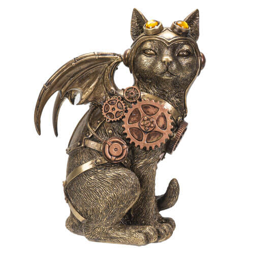 Steampunk cat with bronze cogs and gears and a pair of mechanical wings. Goggles with amber eyes sit atop his head