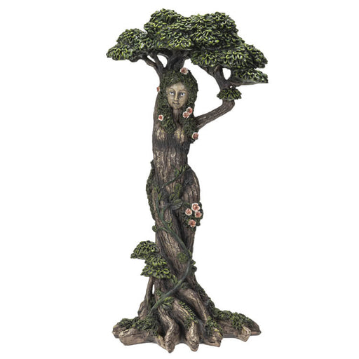 Greenwoman ent or nymph lady. Canopy of leaves is held above her head as she gazes out. Brown bark is dotted with bossy hair and pink flowers