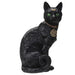 Black cat statue. Cat sits up with green eyes. The collar has a bronze gold pentacle charm, and there is a gold moon on the cat's forehead