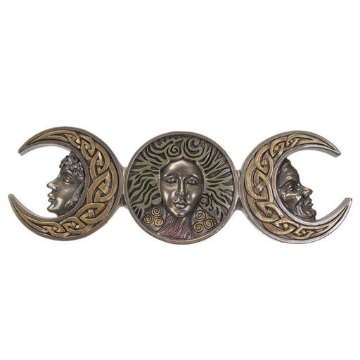 he plaque shows off the faces of each incarnation of the goddess, tucked into waxing, waning, and full moons. Celtic knotwork and symbols complete the magical look!