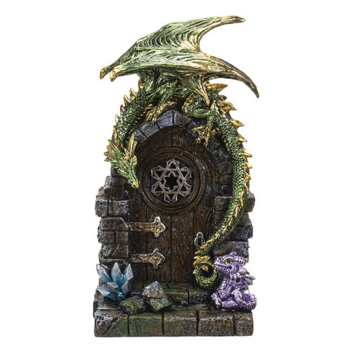 This fun figurine features an emerald green dragon draped across the top of a doorway! The ornate door has a star window, and very likely leads somewhere quite magical... perhaps a wizard's workshop or a sorceress' lair. On the steps a the base are crystals and a little purple dragon hatchling.