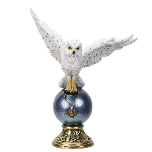 This awesome figurine features a white snowy owl. The bird of prey perches upon a shining dark orb, with a pentacle charm clutched in its talons. The nocturnal hunter's wings are spread, and the crystal ball beneath has a golden base with Celtic knot designs.