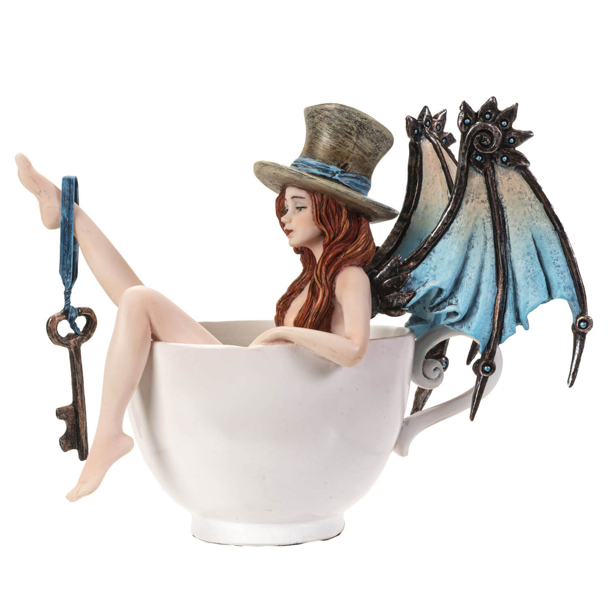 Fairy with steampunk wings in blue and a tophat, and a key looped around her leg. She sits in a teacup, taking a bath