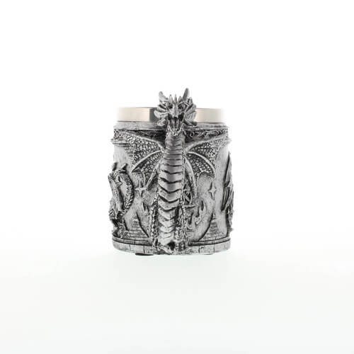 Silver-toned mug with scene of a dragon, and dragon handle. Stainless steel insert. Shown facing the handle to see the snarling dragon 