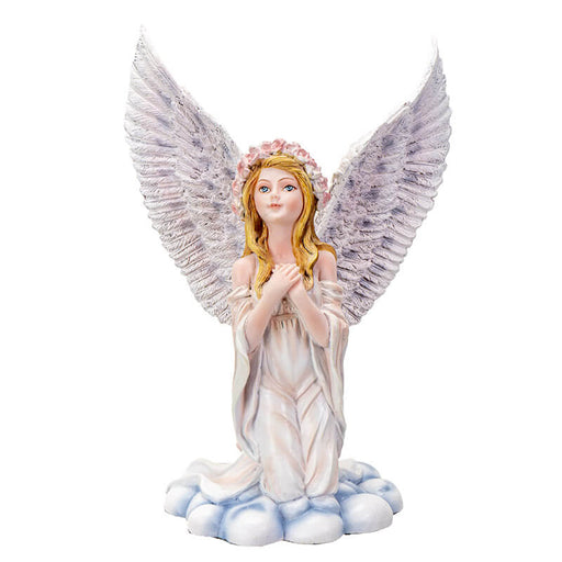 Praying angel figurine with blond hair topped with a flower crown, and a white dress. She kneels on a cloud