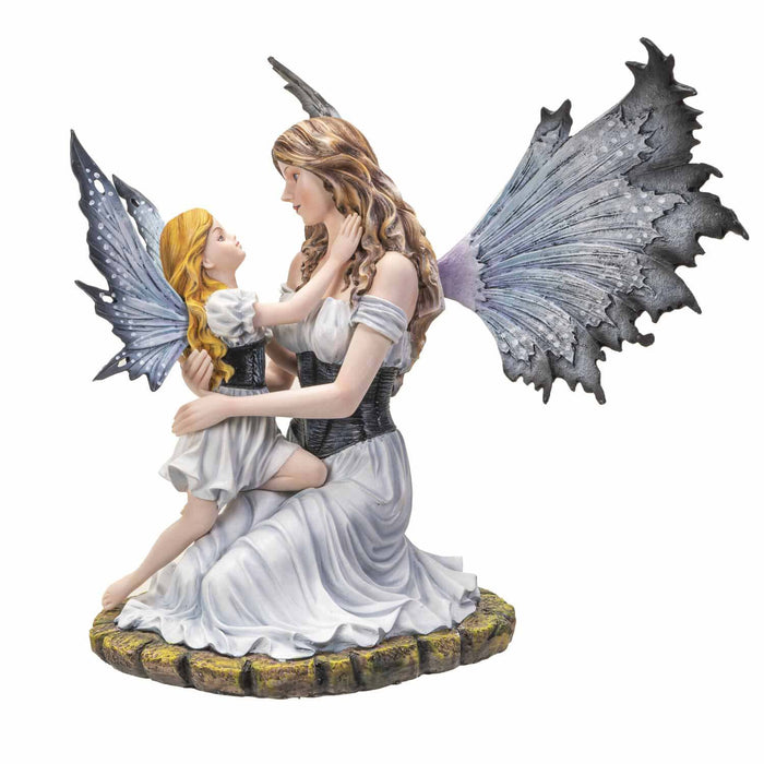 Mother and child fairy figurine in white dresses with blue-grey wings.