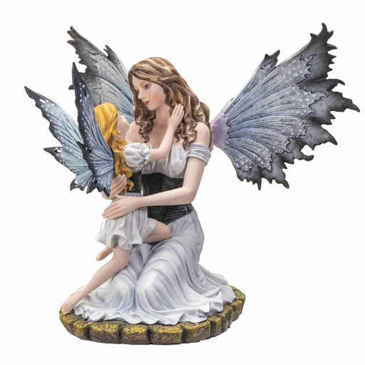 Mother and child fairy figurine in white dresses with blue-grey wings.  The daughter is blond and the mother is brunette.