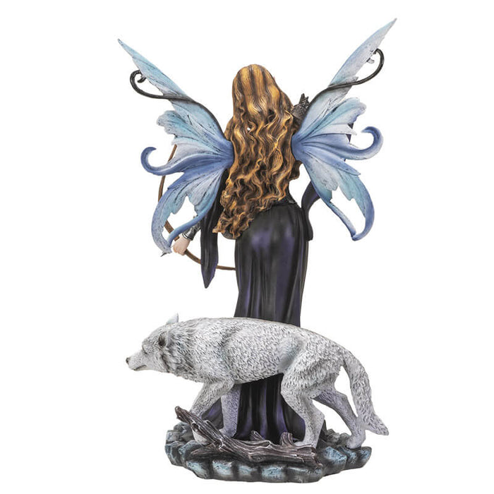 Brunette fairy archer in black dress with bow and white wolf companion. Shown from the back with hair, wings, and wolf visible