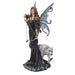 Brunette fairy archer in black dress with bow and white wolf companion. Shown from the side