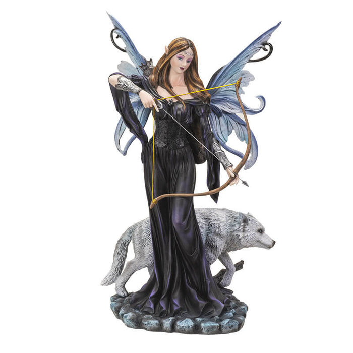 Brunette fairy archer in black dress with bow and white wolf companion.