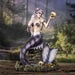 Mermaid holding up a skull figurine. Her scales are black and purple and she wears an iridescent seashell bra. Her hair is light violet with a seahsell. She sits on a rock with her tail in a pool of water, with another skull and golden treasures.  Shown on a forest backdrop