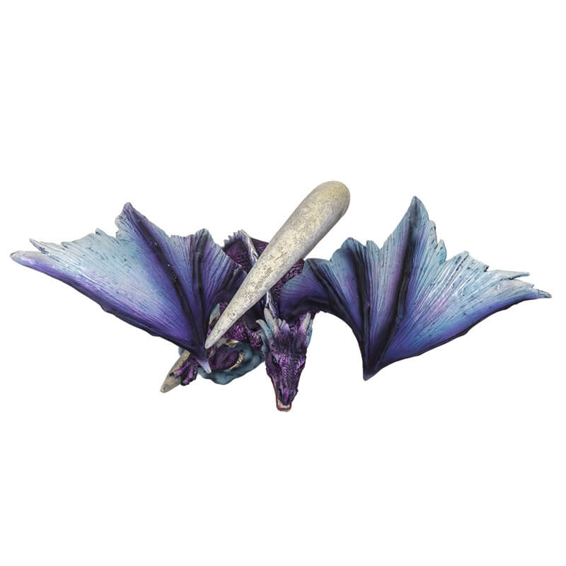 Purple dragon perched on a crescent moon with silver stars and blue clouds. Shown top down