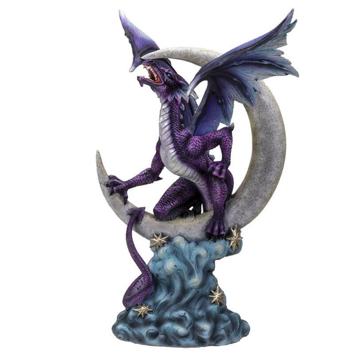 Purple dragon perched on a crescent moon with silver stars and blue clouds.