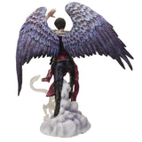 Air wizard with purple-blue feathered wings, standing on a cloud with a transparent white eastern dragon. The sorcerer has a ball of air energy in one hand and an outfit of red and blue. Shown from behind, intricate detail on the feathered wings